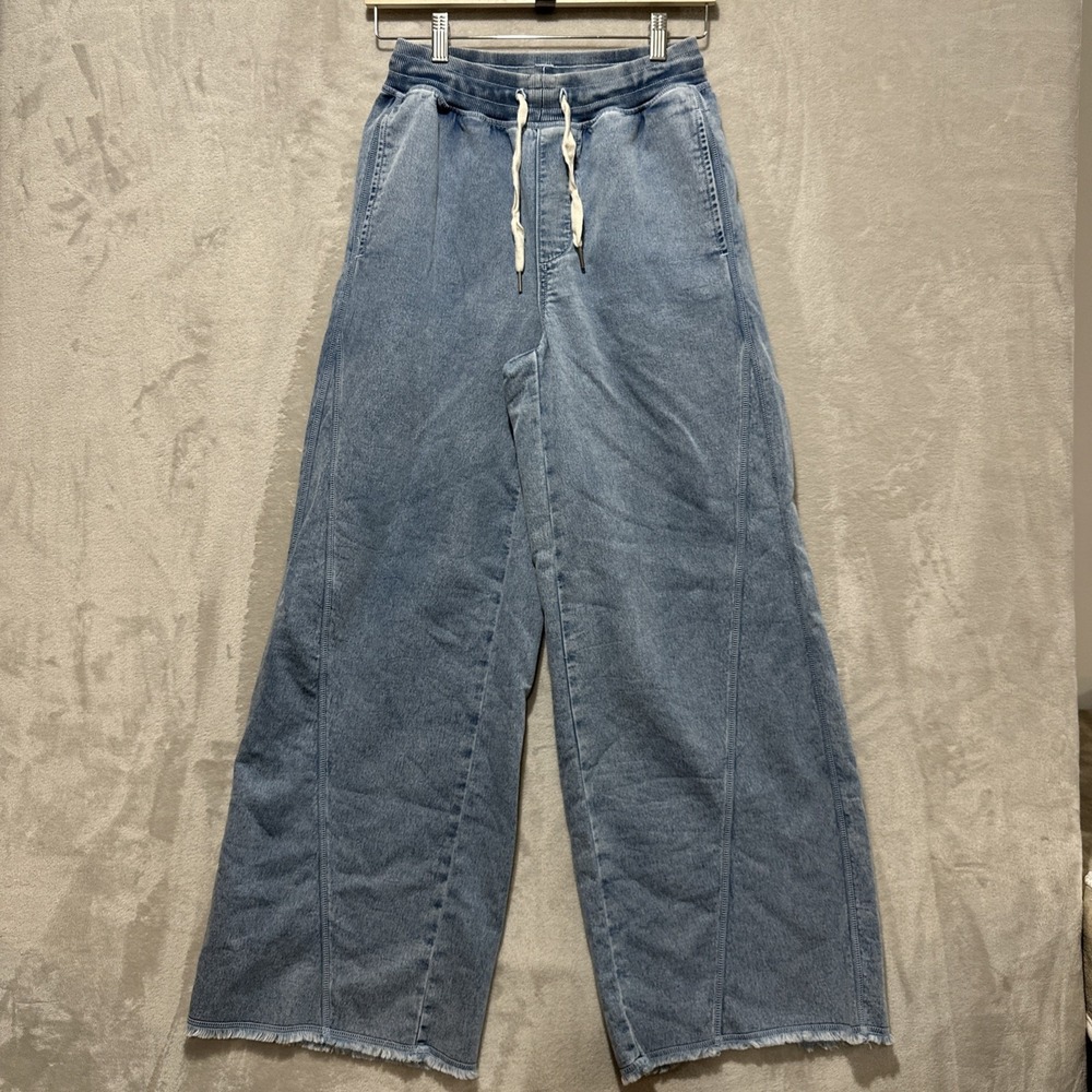 Aerie Soft Landing Trousers Blue Denim Drawstring Waist Frayed Hem Size XS
